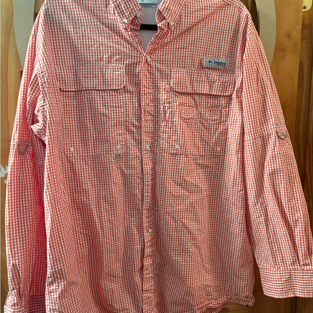 Columbia Coral and White Gingham Button-Up Outdoor Shirt